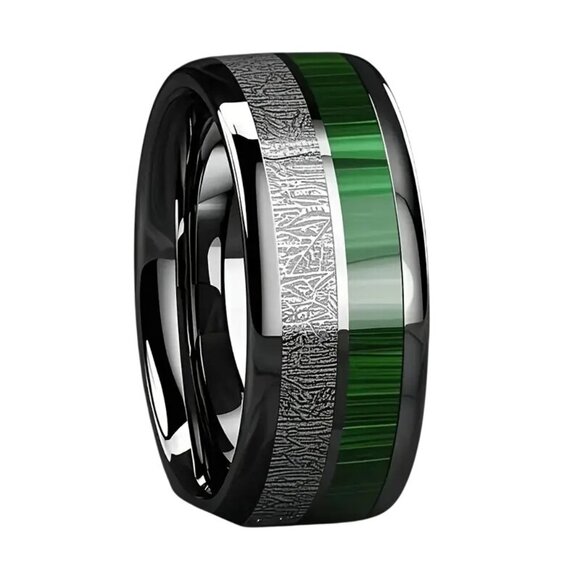 Tungsten Steel Men's Ring 8MM High Polished Green Marble with Meteorite Inlay - Picture 3 of 4